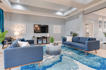 Clubhouse with blue couches and a rug